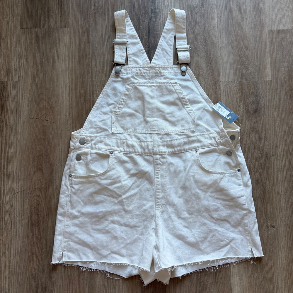 Universal Thread White Denim Shortalls Overalls Raw Hem Size 17 NWT, stained,